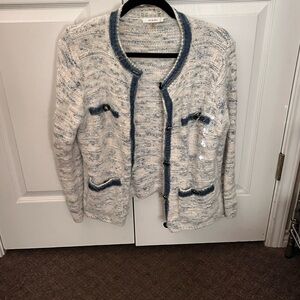 Sioni Textured Blue and White Cardigan with Denim Details